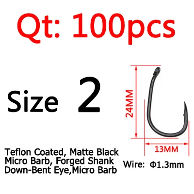 Size 2 100pcs ICERIO 100 шт. матовые черные тефлоновые с покрытием из высокоуглеродистой стали Карп рыболовные крючки Micro Barb Withy бассейн Rig крюк - Цвет: Size 2 100pcs