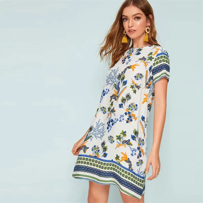 SHEIN летнее женское платье-туника с разноцветным принтом и замочной скважиной на спине,, короткий рукав, круглый вырез, бохо платье, прямое свободное мини-платье