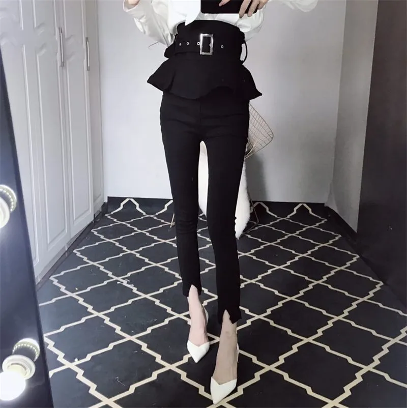 Брюки женские облегающие с высокой талией оборками и баской туника на молнии