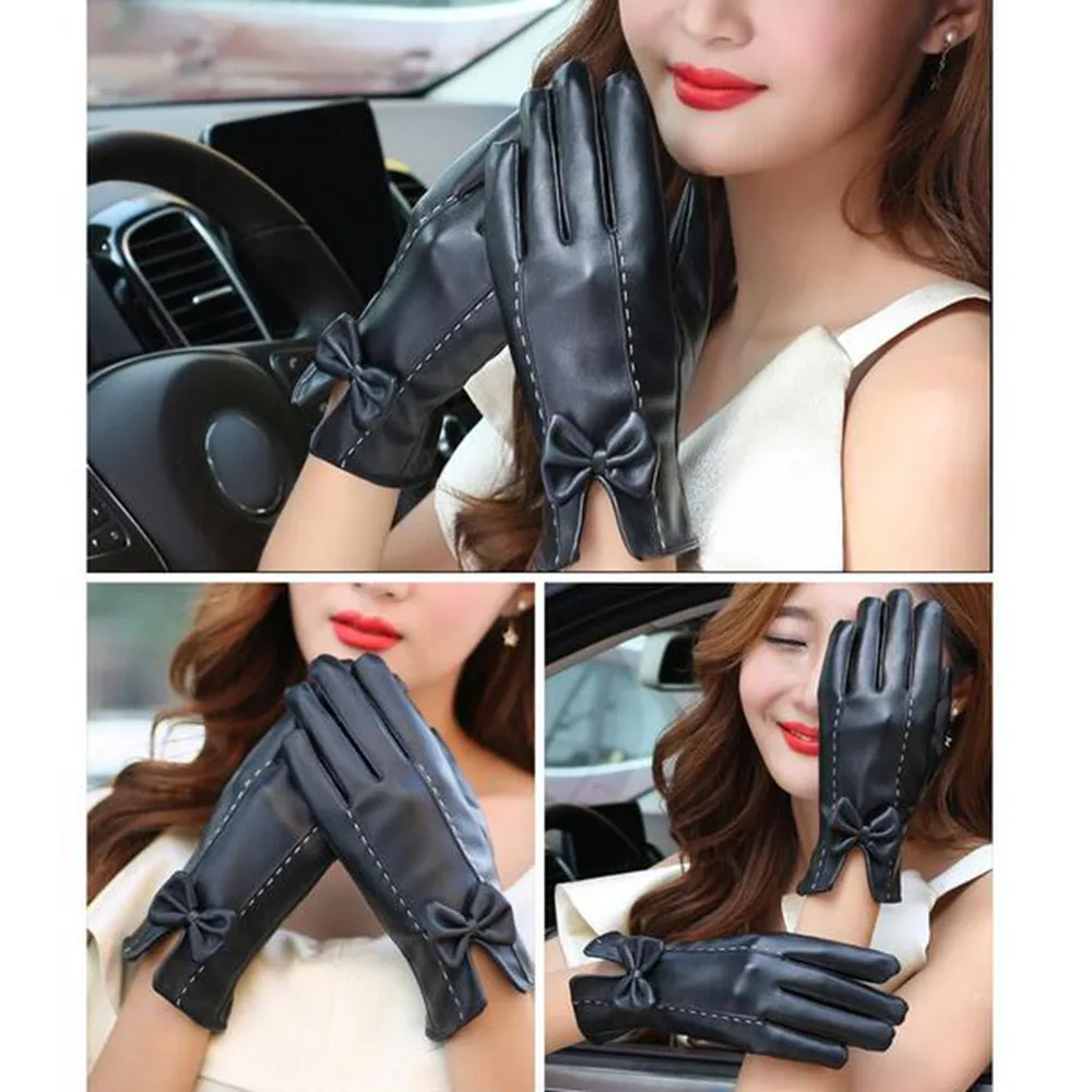 Женские кожаные перчатки guantes осенне зимние теплые бархатные рукавички с бантом