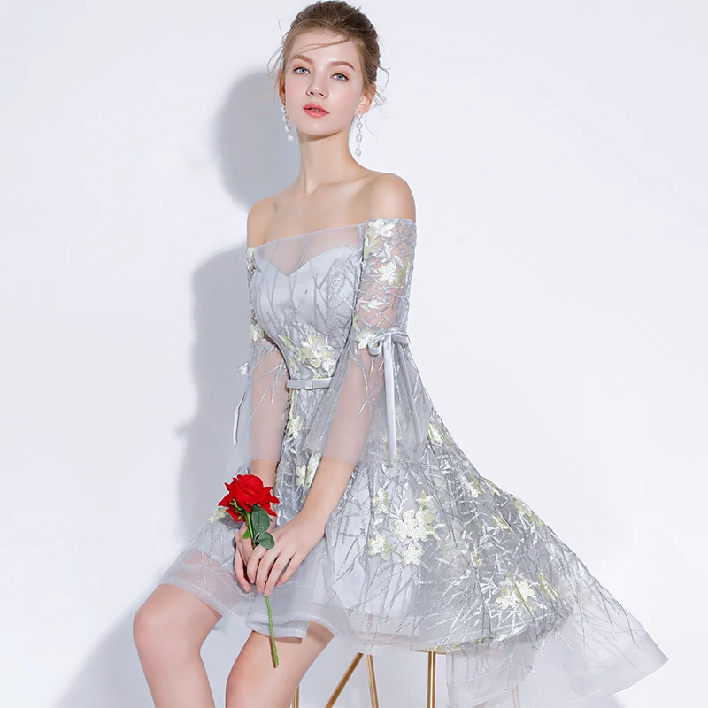Кружевное коктейльное платье SSYFashion серое ассиметричное вечернее с вырезом