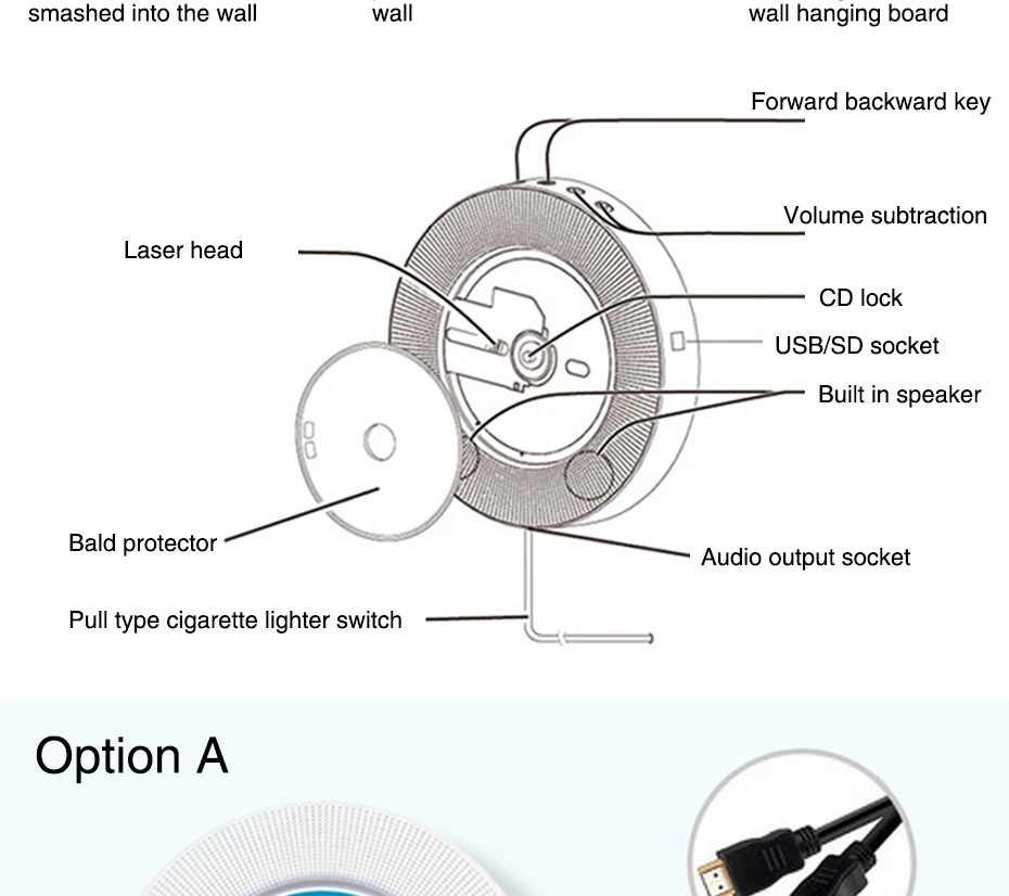 Настенный Bluetooth CD-плеер портативный динамик выдвижной переключатель с дистанционным динамиком fm-радио USB привод CD DVD VCD WMA AVI плеер