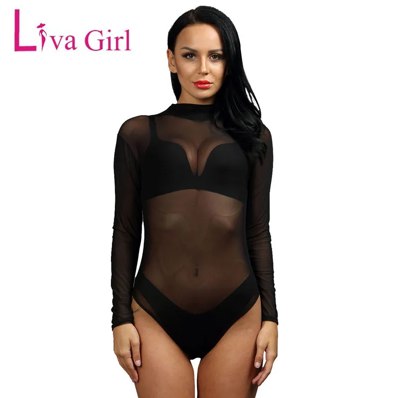Женское прозрачное боди LIVA GIRL черное Сетчатое сексуальное комбинезон с длинным