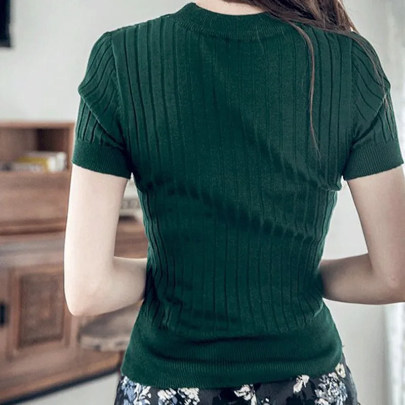 

New Knit Women's Pullover O-Neck Knit Jersey Women's Shirt Half Sleeve Tops Five Colors