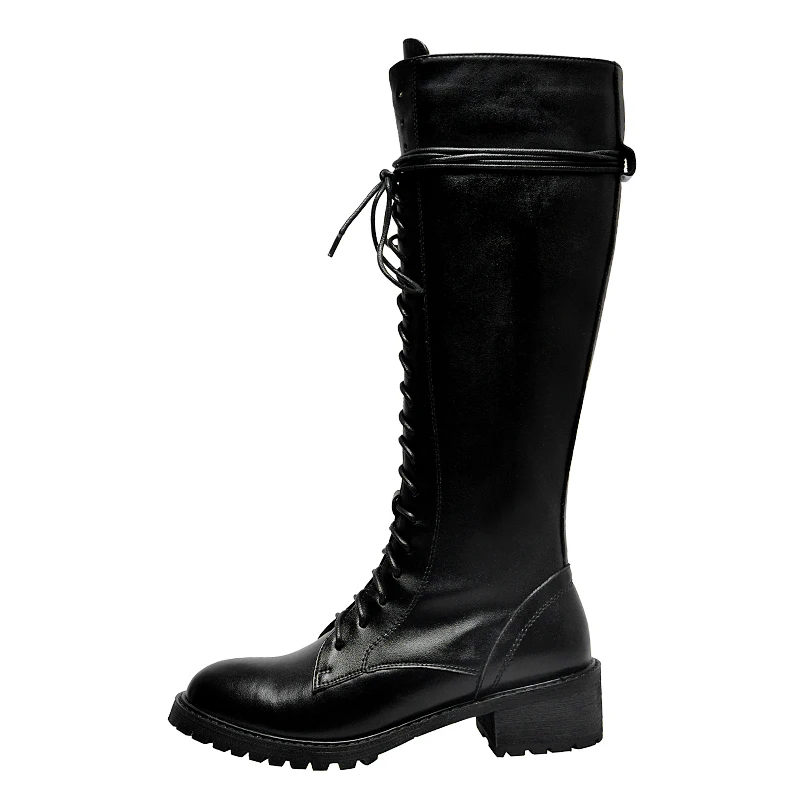 WETKISS Motorcycle Boots Women Thick Heels Boot Round Toe Croos Tied Shoes Female Cow Leather Shoes Ladies Autumn New