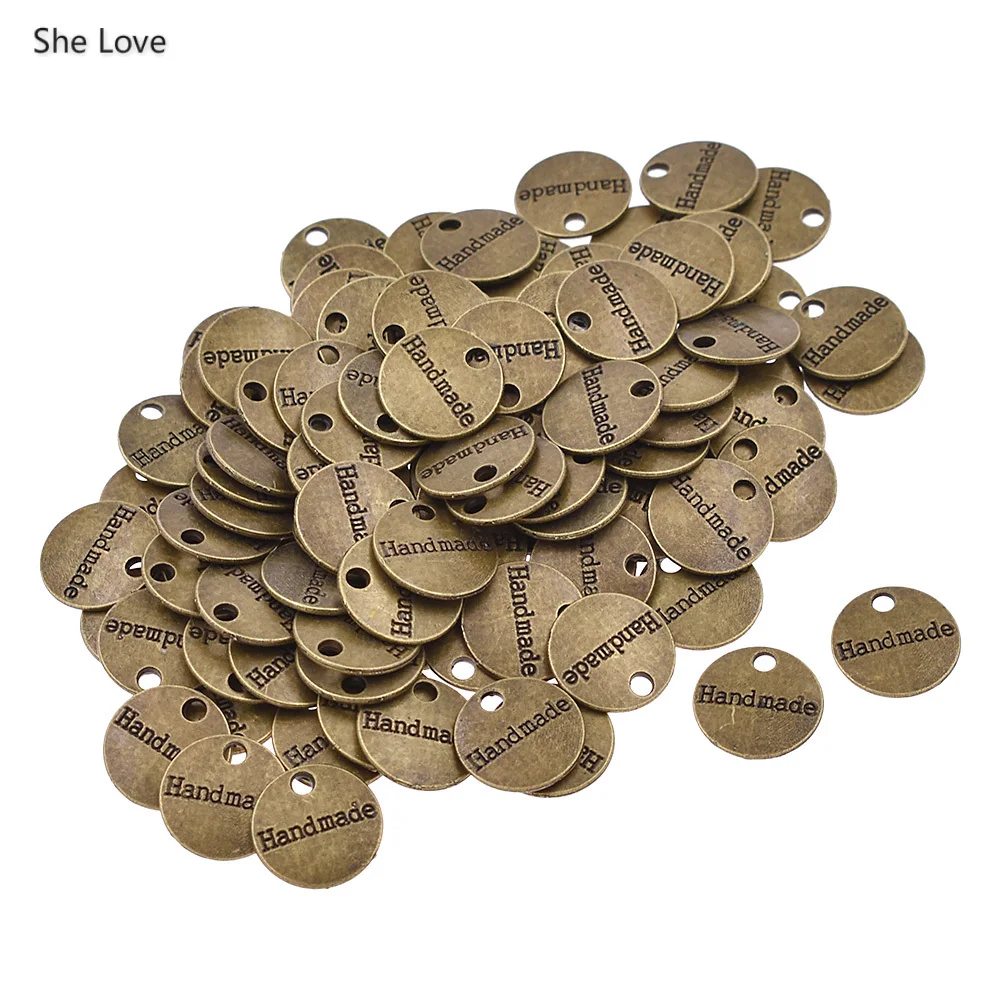 cyan She Love 100 шт./лот, круглые этикетки ручной работы с буквенным принтом, двухсторонняя металлическая этикетка ручной работы для материалов одежды - Цвет: cyan
