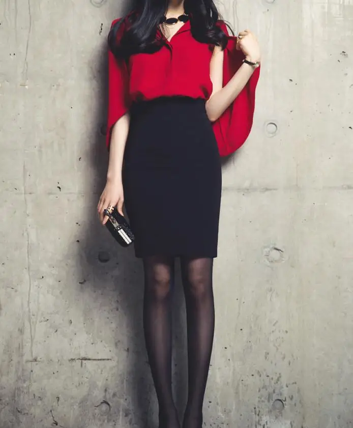 Элегантная однотонная офисная юбка с высокой талией облегающая средней длины