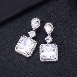 clear white Роскошные геометрические висячие серьги квадратной формы с кубическим цирконием женские свадебные Большие серьги Bijoux - Окраска металла: clear white