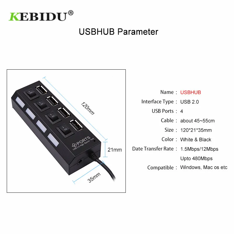 USB 2 0 концентратор KEBIDU Mini с 4 портами светодиодный высокоскоростной внешний usb