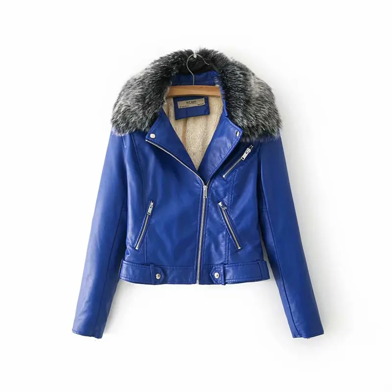 A002 Blue Хит, женские зимние теплые куртки из искусственной кожи с меховым воротником, женские красные, черные, синие мотоциклетные и байкерские пальто, теплая приталенная верхняя одежда - Цвет: A002 Blue