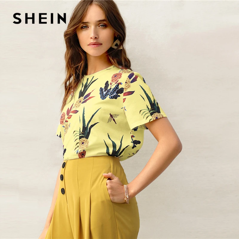 SHEIN Цветочная Футболка С Графическим Принтом Женский Летний Повседневный Топ С Короткими Рукавами И Круглым Вырезом