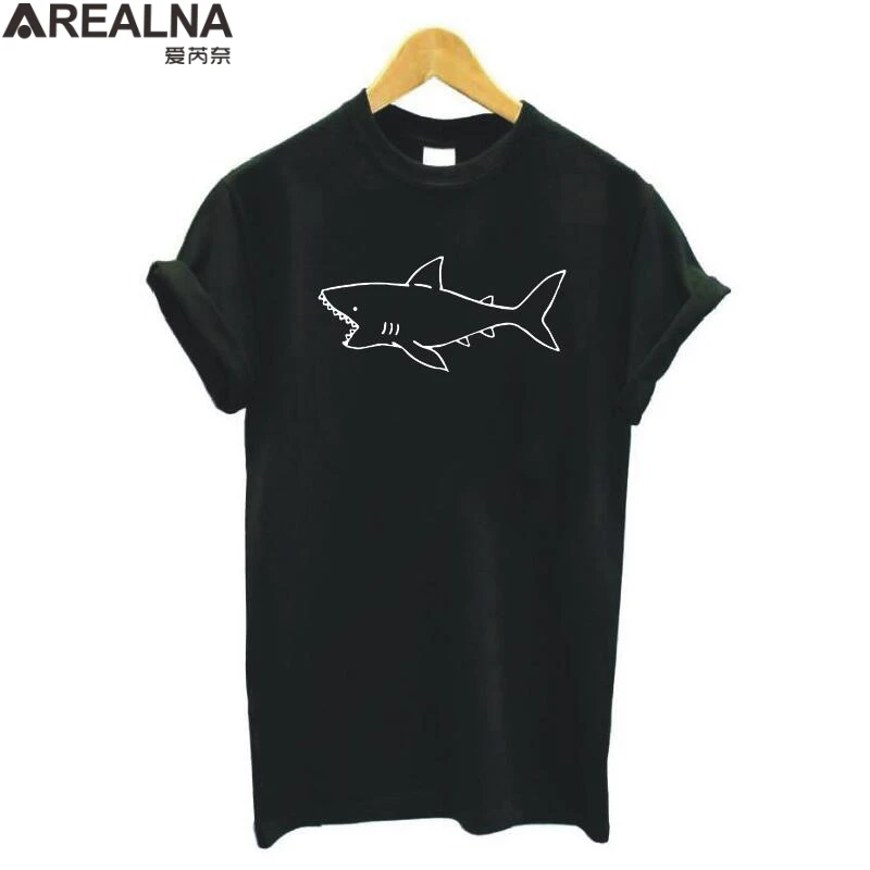 

Camisas Mujer 2020 harajuku Cute Shark Print white T Shirt Women cotton shirts Hipster Tee Shirt Femme summer Casual Tshirt top