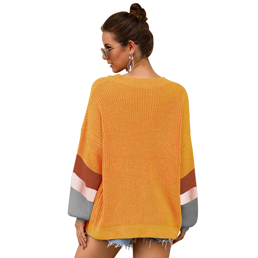 Adogirl Vintage Striped Patchwork V Neck Women Sweaters Pullovers Loose Knitted Autumn Winter Female Clothing Casual | Женская одежда