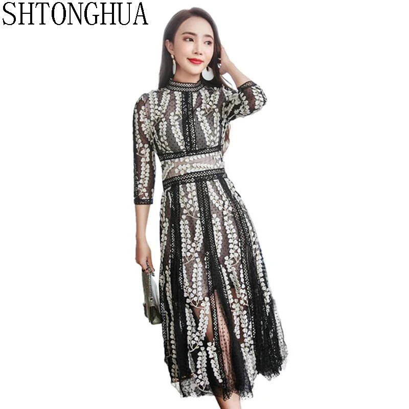 Женское длинное платье с разрезом дизайнерское подиумное Сетчатое вышивкой