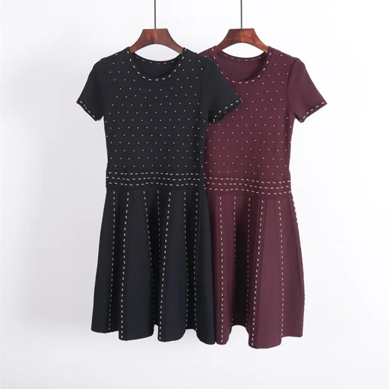 

viscose polyester blend patchwork knit women fashion beading Oneck short sleeve above knee dress S-L retail wholesale