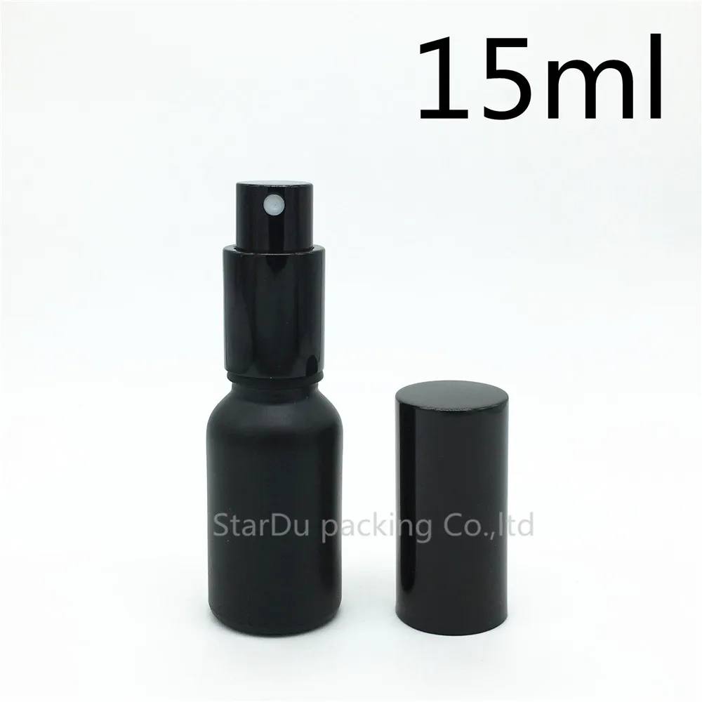 

Free Shipping 200pcs 15ml Black Frosted Glass Bottle With Black Aluminum sprayer,15cc Essential Oil Spray Perfume Bottle