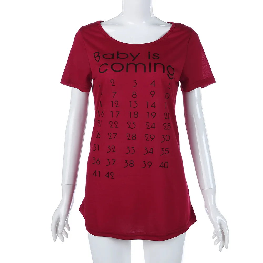 

Pregnant Woman Summer Tshirt Printing Number Baby Date of Birth Maternity Clothings Europe and America Hot Sale Tees Wine Red