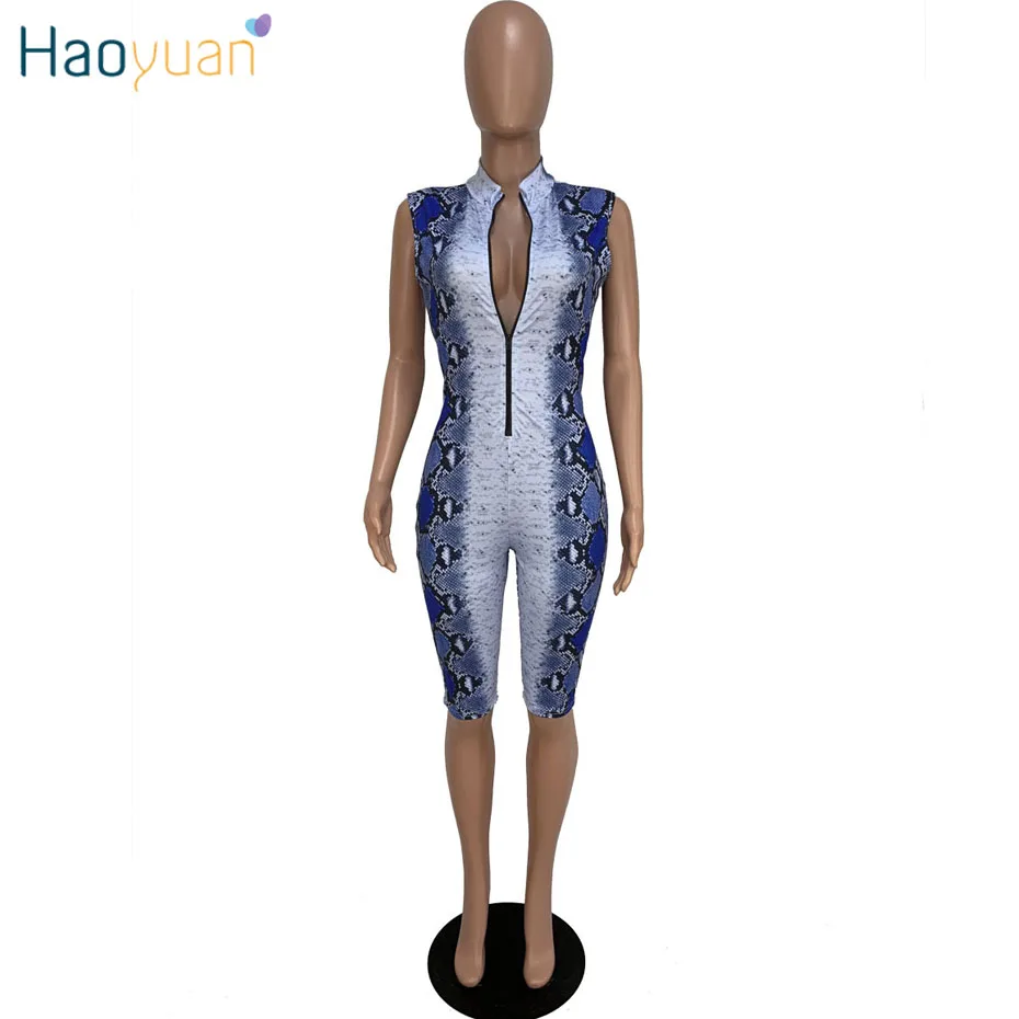 Синий HAOYUAN змеиной кожи пикантные Playsuit Повседневное Одна деталь обтягивающие шорты женские комбинезон уличная змеиной Вечерние боди - Цвет: Синий