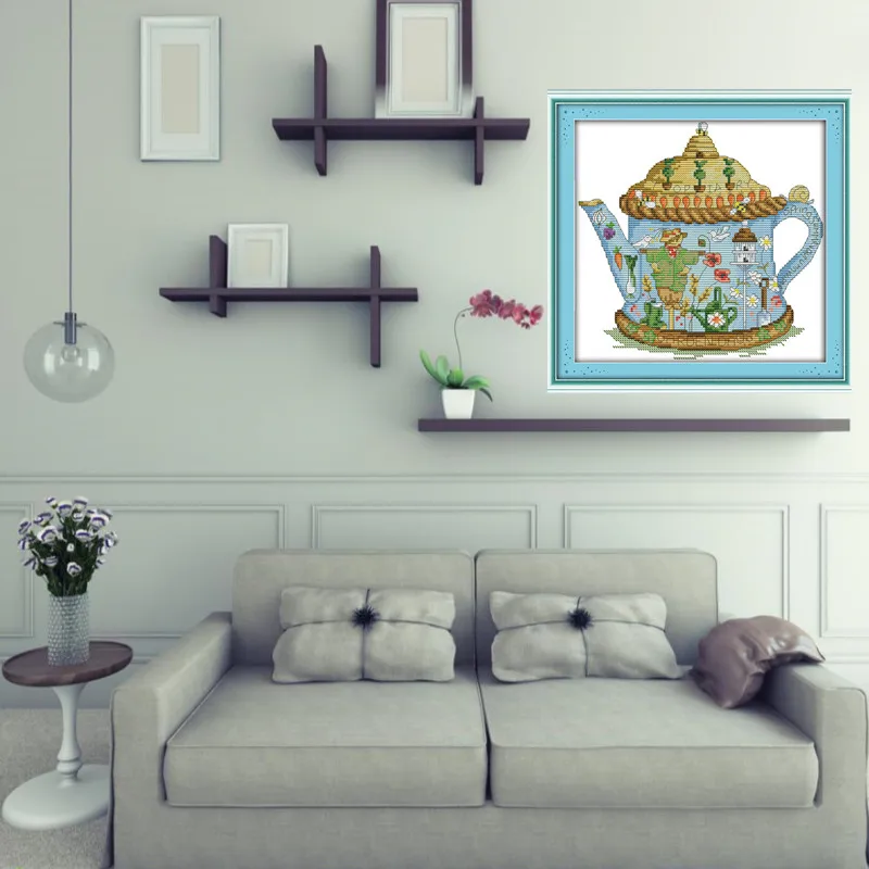 Чайник с цветочным пугалом 11CT напечатанный на холсте вышивка крестиком в