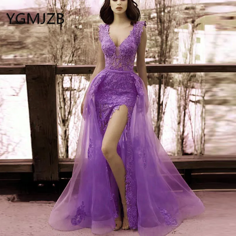 Gala Jurken 2019 Lace Long Prom Dresses Detachable Train Mermaid V Neck High Split Evening Dress Women Formal Dress Party Gown