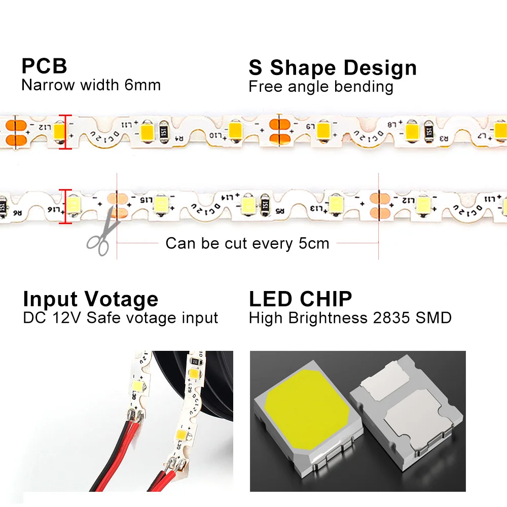 S образная Светодиодная лента 2835 Бесплатная гибка DC12V 60LED/m 5 м/лот гибкая лампа для