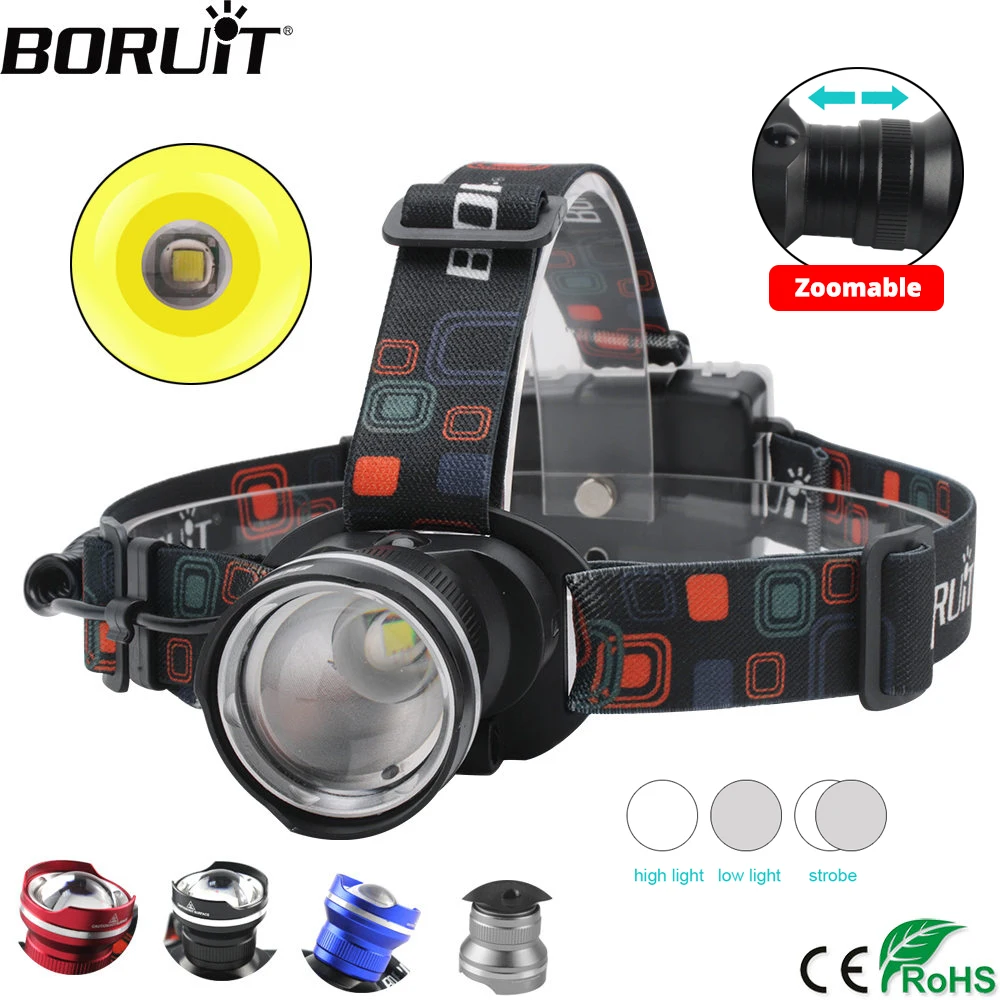 BORUiT RJ-2166 4000лм T6 светодиодный фонарь 3 режима Zoom налобный фонарь Водонепроницаемый Головной фонарь фонарик для рыбалки и походов батареей АА