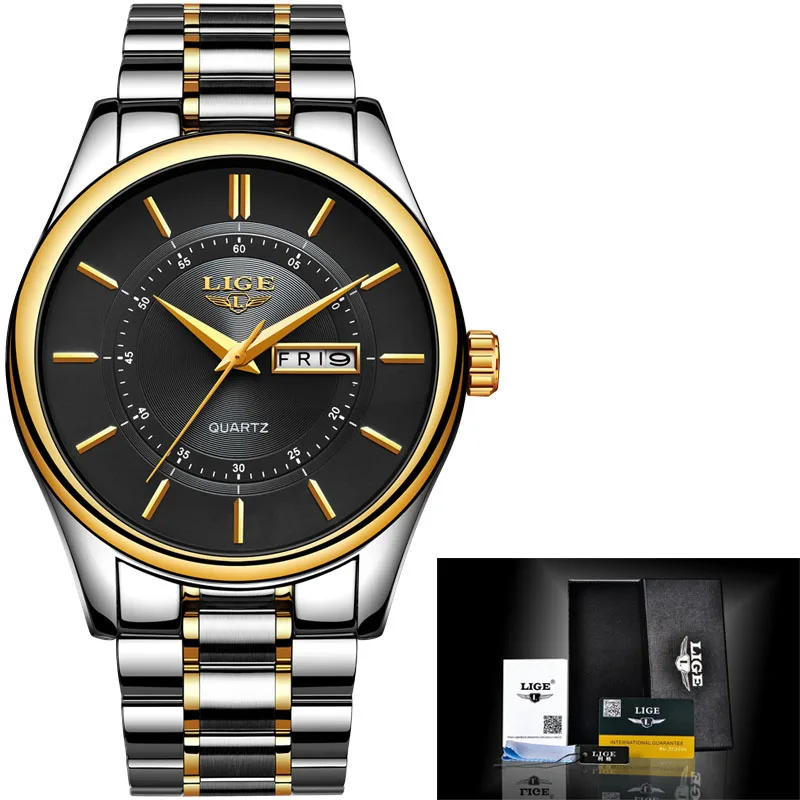 gold Black LIGE Новые Топ люксовый бренд часы мужские модные повседневные кварцевые часы мужские военные спортивные водонепроницаемые часы relogio masculino - Цвет: gold Black