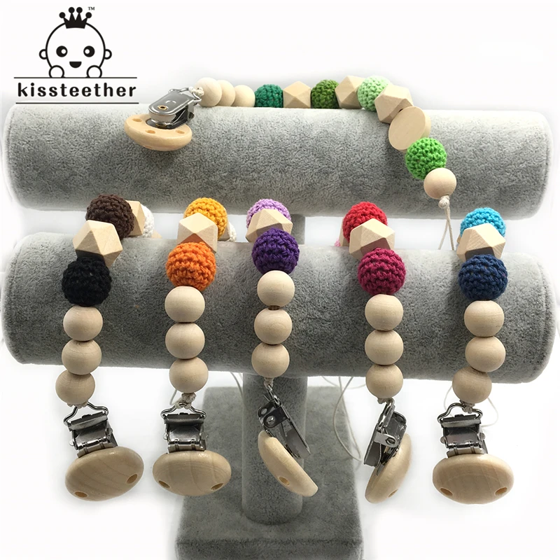 

6pcs/lot Nursing Geometric Wooden Teether Crochet Beads Pacifier Clip Dummy Holder Natural Color Silk Cord Baby Teether Gift