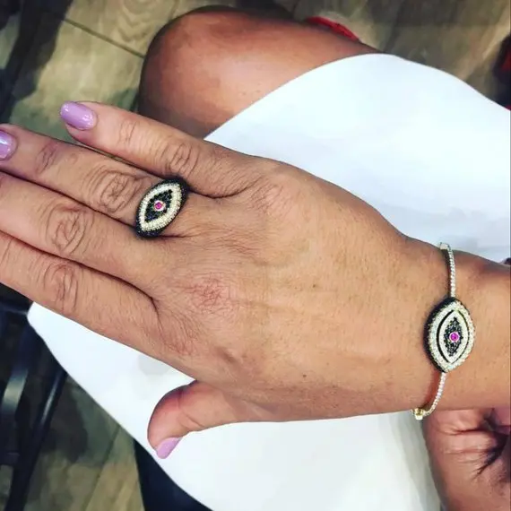 

High quality fashion women jewelry black white red cz eye lucky turkish evil eye Bohemia finger ring bangle bracelet jewelry set