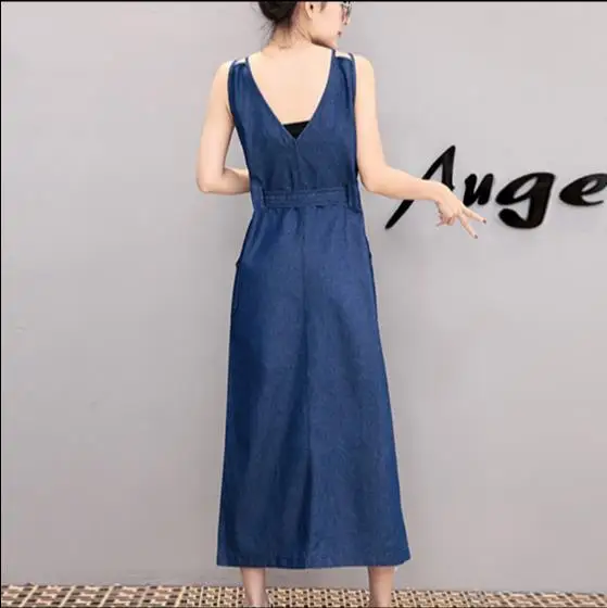 2018 Sleeveless Sashes Work School Women's Long Denim Sundress Female Strap Ladies Dress RQ498 | Женская одежда