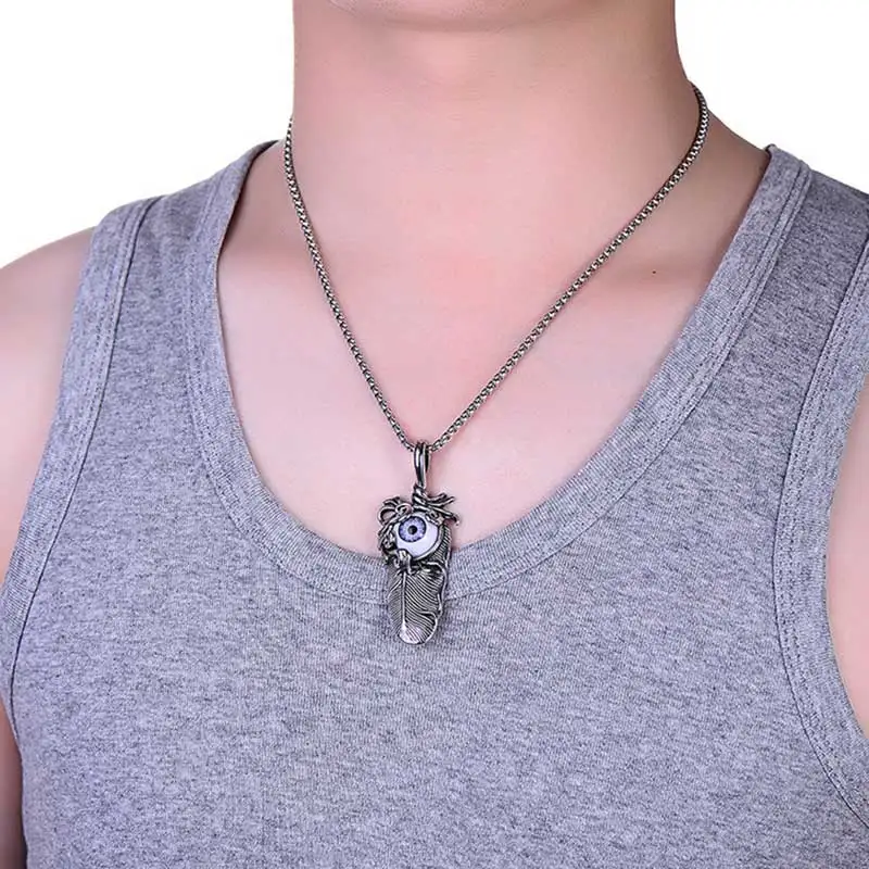 ZFVB Punk Feather Eye Necklaces Men's 316L Stainless Steel Vintage Silver color Leaf Necklace Pendants Statement Jewelry Bijoux |