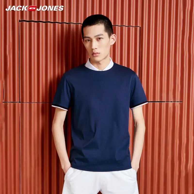 JackJones Мужская хлопковая контрастная Однотонная футболка с круглым вырезом и короткими рукавами | 219201509
