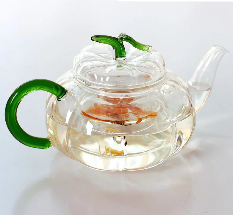 

Glass tea pot wiht green handle and green leaves cap, high temperature resistant 0.6L glass teapot
