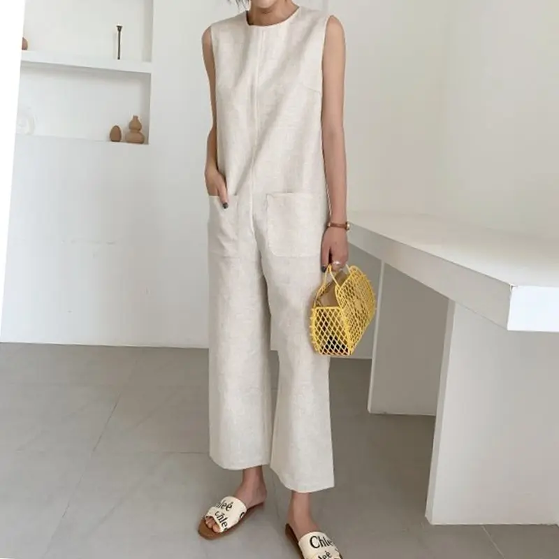 Japan Style Casual Office Ladies Elegant Summer Jumpsuit WomenLoose Straight Plain Simple Beige Travel Beach Female Rompers