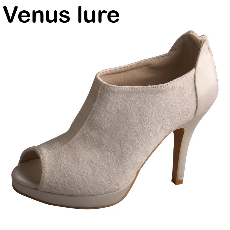 

Ivory High Heel Open Toe Boots for Wedding Lace Women Bridal Boot with Zipper