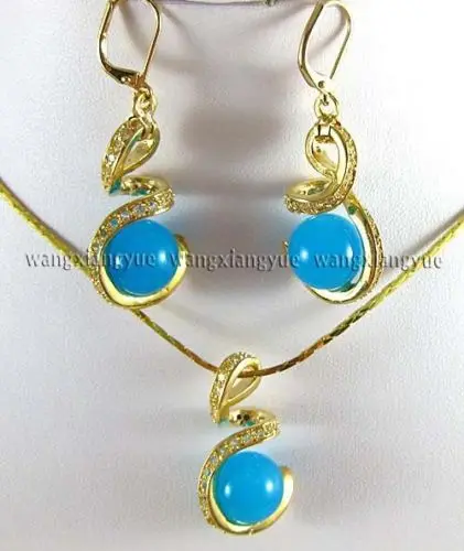 

Natural 12mm Blue chalcedony Earrings & Necklace Pendant Set AAA+