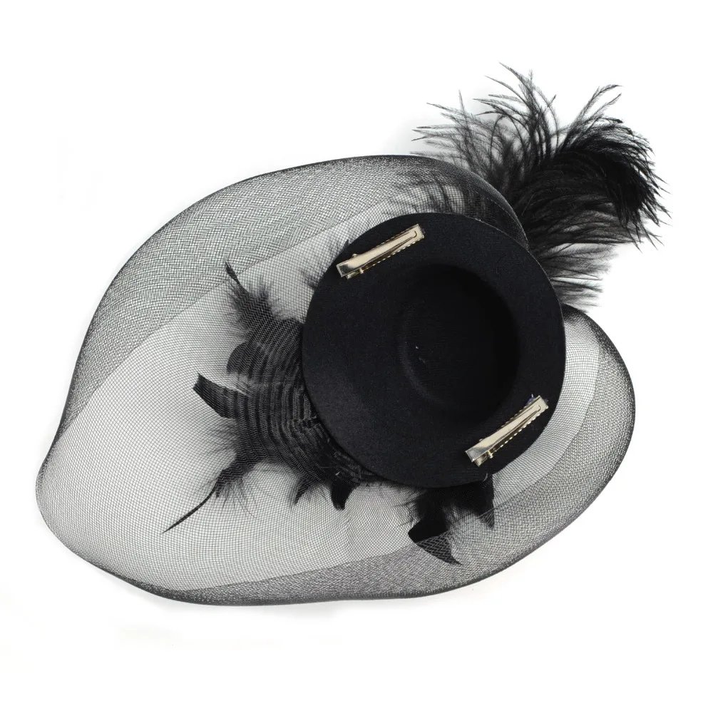 Новый черный перо мини топ шляпа органза сетка заколка для волос девушка