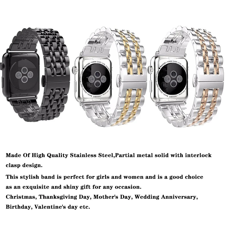 

Seven Bead Solid Bracelet Strap for Apple Watchband 4 44/40mm Stainless Steel Replace Wrist band for iwatch series 1 2 3 42/38mm