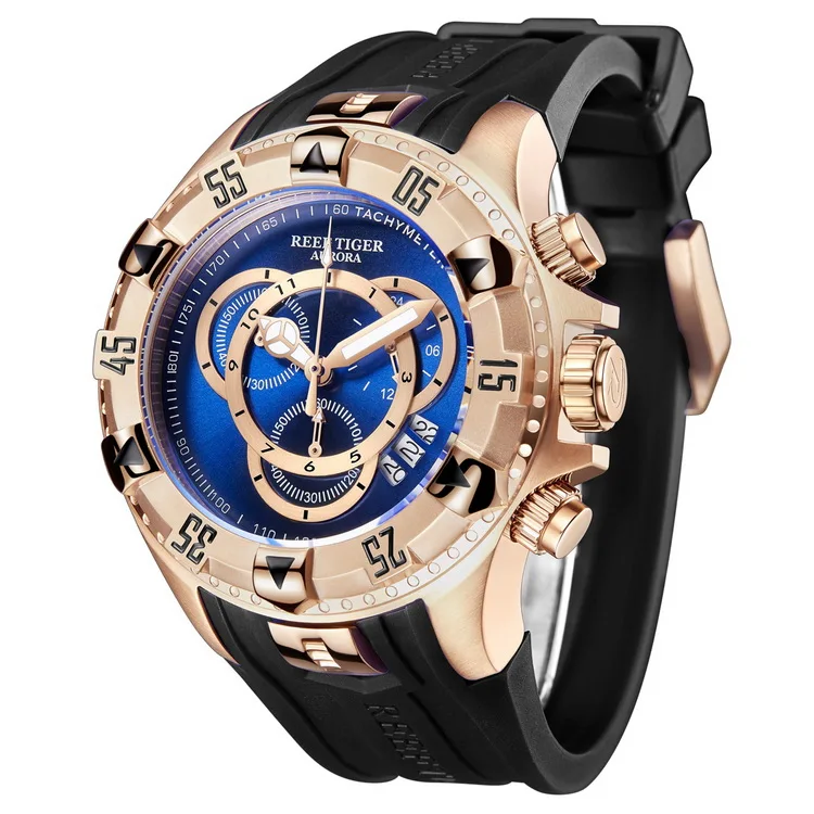 Reef Tiger Aurora Serier RGA303-2 мужские спортивные большие часы водонепроницаемые кварцевые наручные часы с хронографом большой циферблат-розовое золото