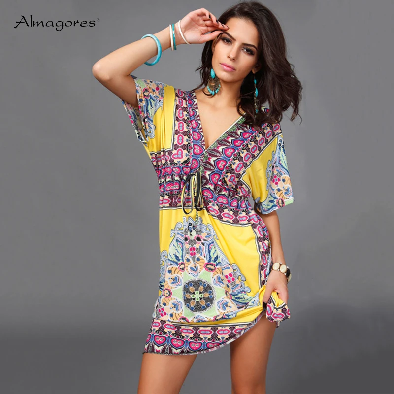 Almagores 2018 Новый Модный Принт Цветочный платья Boho Beach Vestido Chic Костюмы платье Для