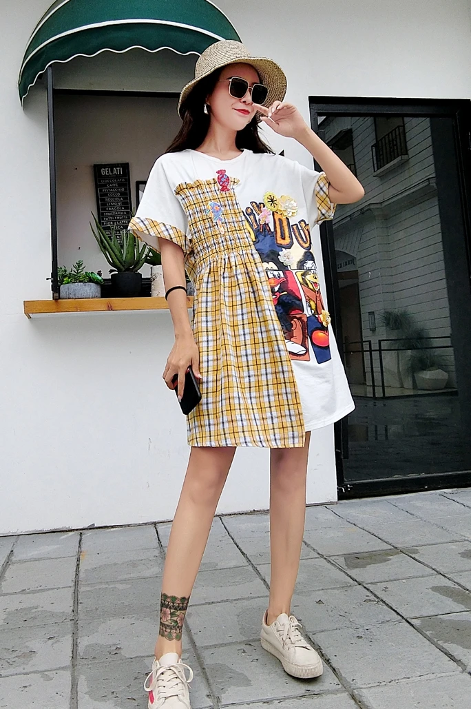 Robe femme ete 2018 Новое Брендовое платье-футболка в клетку стиле ретро с вышитым