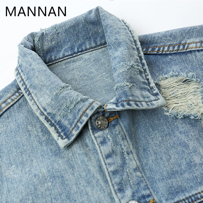 MANNAN Hi Street Мужская джинсовая куртка Готическая вышивка рваная зауженная мужское