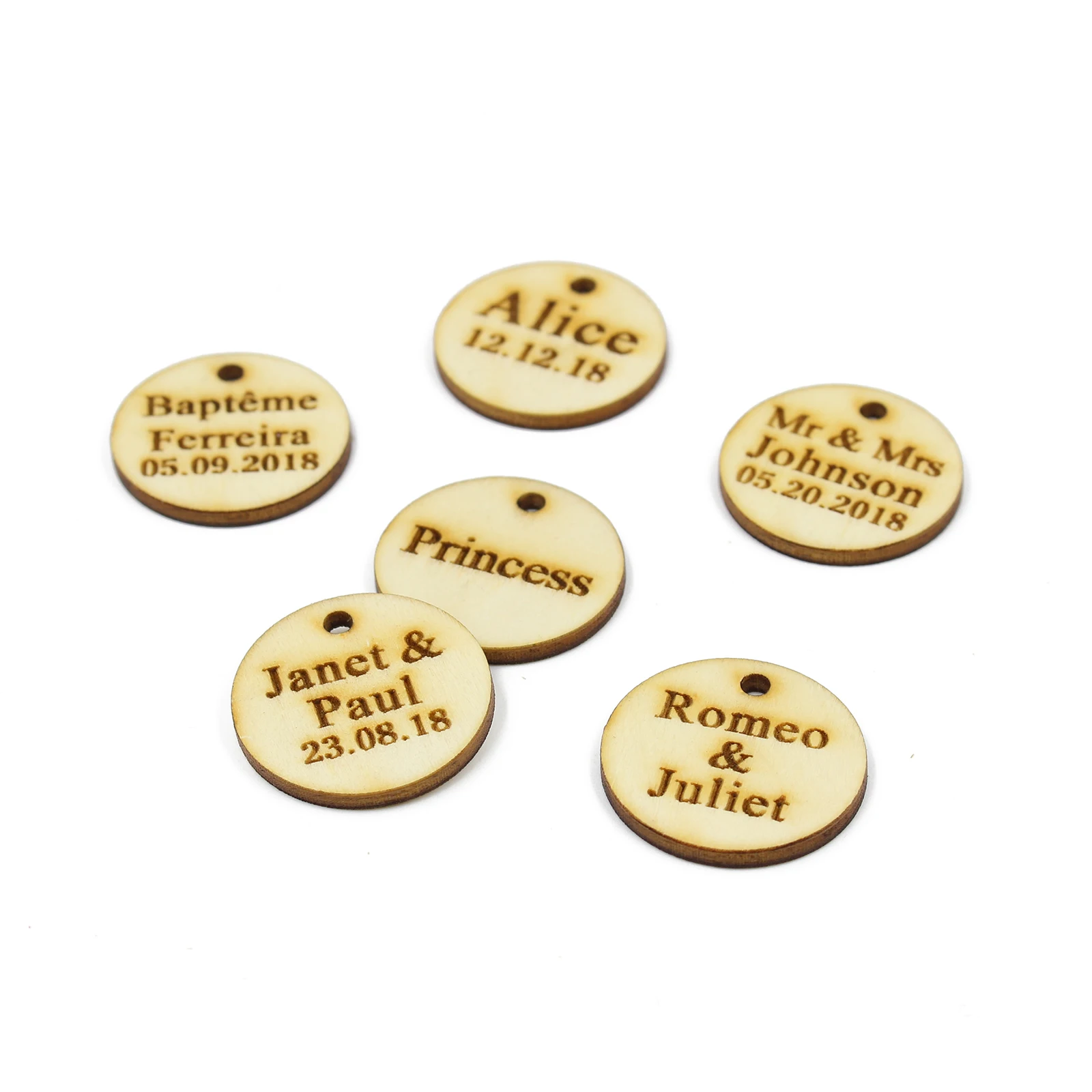 

100 * Personalized Engraved Rustic Christening Wooden Wine Charm Custom Anniversary Wood Label Wedding Round Favor Gifts Tags