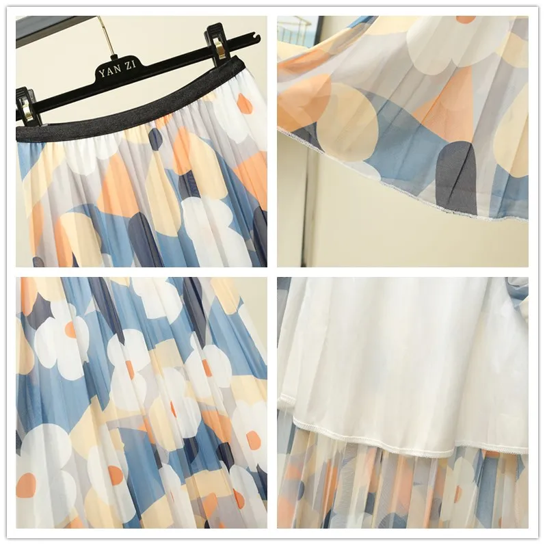 Summer Sweet Flower Print Midi Skirt Women High Waist Pleated Skirt Sunflower Holiday Chiffon Mid-Calf A-Line Skirts