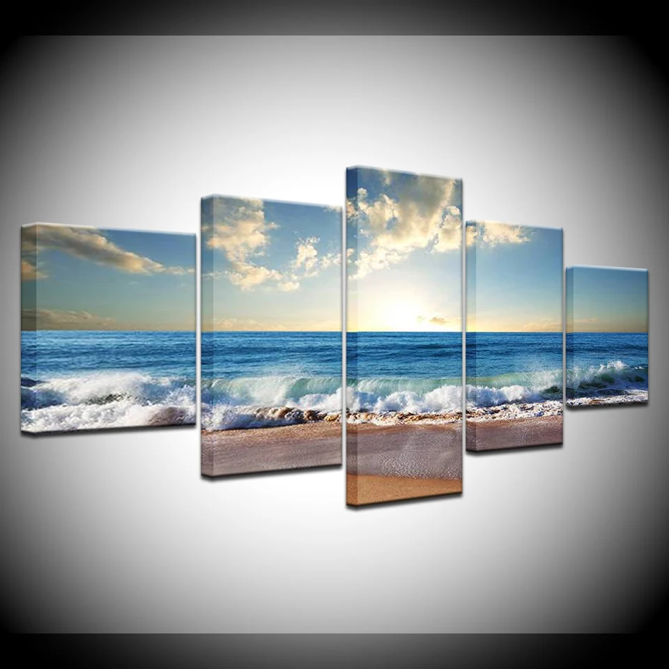 

Wall Art Canvas Paintings Living Room Home Decor Framework 5 Pieces Sunshine Beach Sea Waves Seascape Pictures Blue Sky Posters