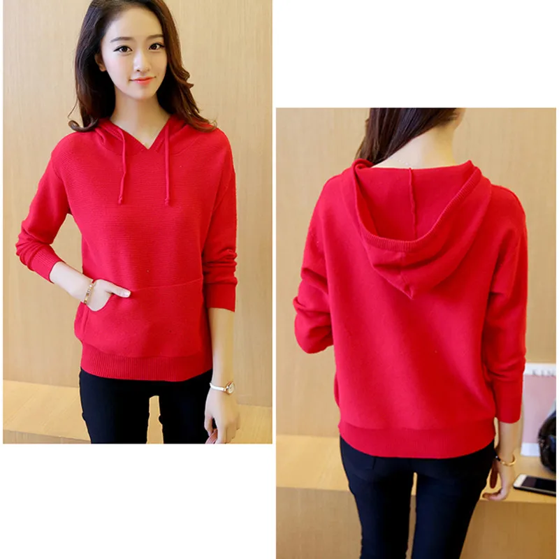 

2018 Autumn Winter New Women Hooded Pullover Sweater Solid Color Long Sleeve Pocket Female Short Casual Knit Sweater LQ158
