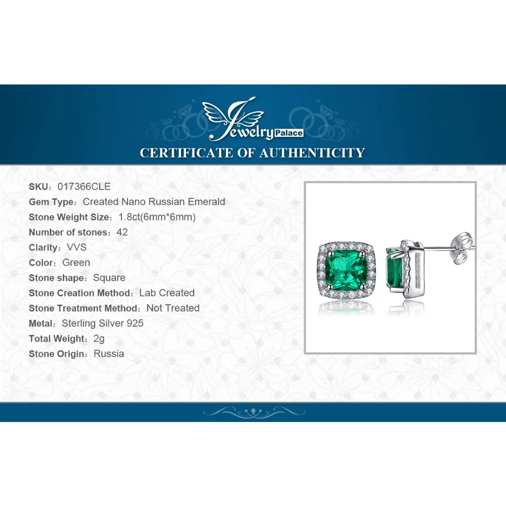 Jewelrypalace Подушки 2.1ct создания Изумрудный Halo Серьги-гвоздики Твердые стерлингового