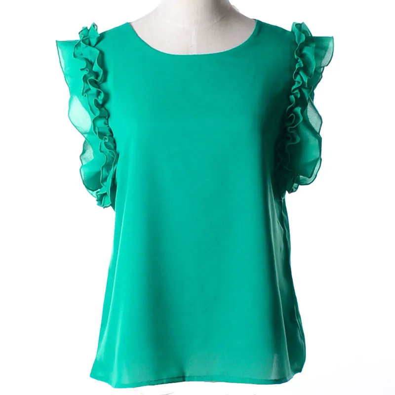 2017 Women Sleeveless Chiffon Shirt Ladies Summer Casual Puff Sleeve Tops Elegant Female Fashion Ruffles Soild Plus Size Blouse |