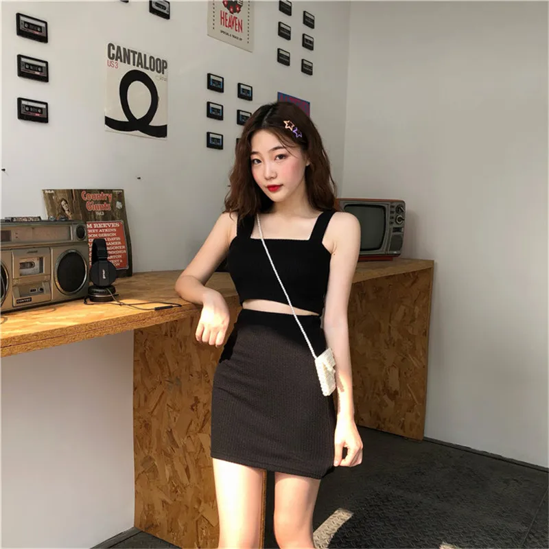 2PC Solid Black Pink Short Strap Vest Camisole&ampMini Bodycon Skirt Suits Thin Slim Sets Two-piece Summer Women's Outfits | Женская