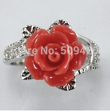 Бесплатная доставка высококачественное кольцо с красным кораллом и розой размер